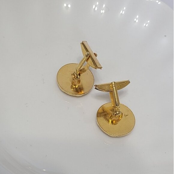 Vintage Men's Gold Tone Formal Pearl Cross Round Cuff Links - Picture 8 of 8